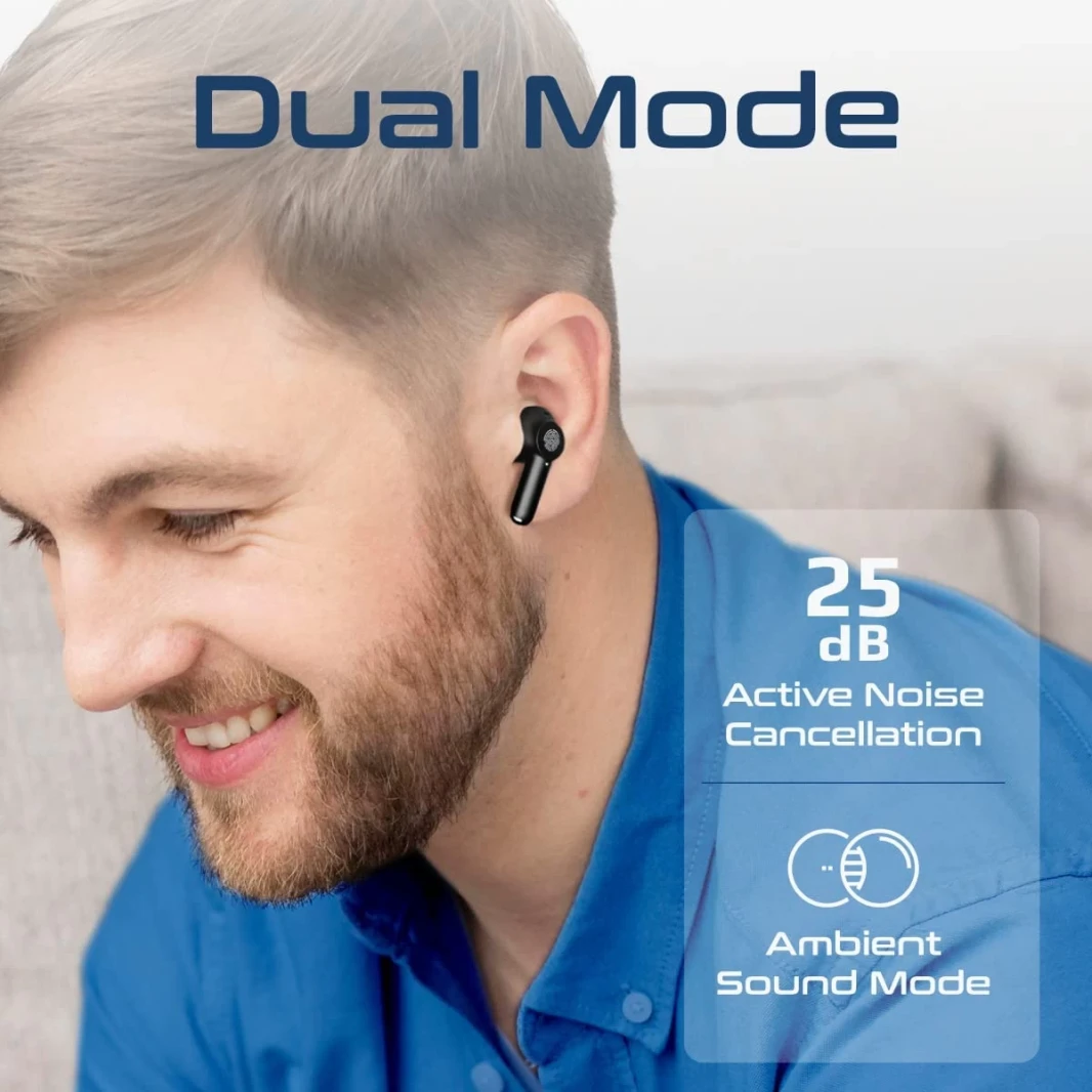 Promate Propods True Wireless In -Earn Active Noise إلغاء Bluetooth v5.3 W/ MIC 25H وقت التشغيل وشحن الحالة - الأسود