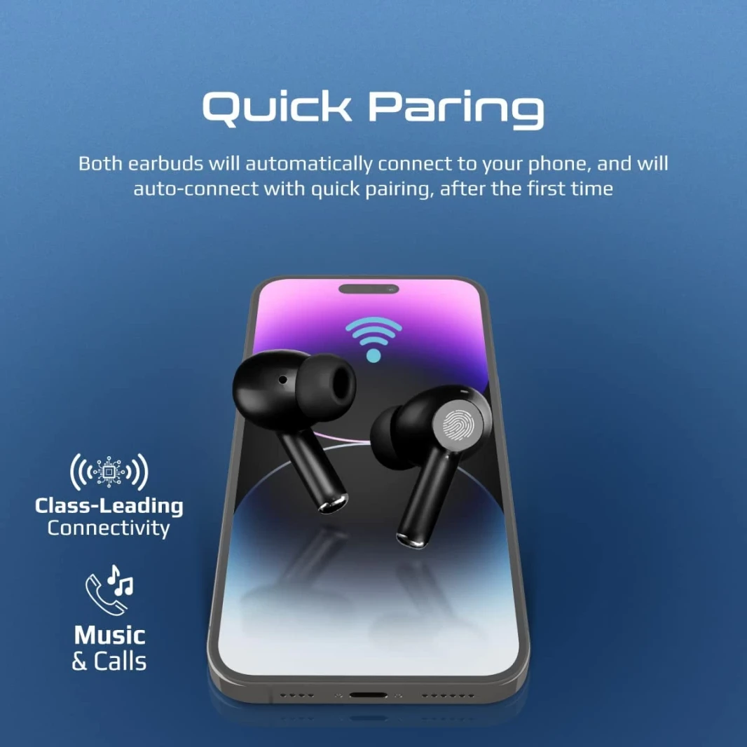 Promate Propods True Wireless In -Earn Active Noise إلغاء Bluetooth v5.3 W/ MIC 25H وقت التشغيل وشحن الحالة - الأسود