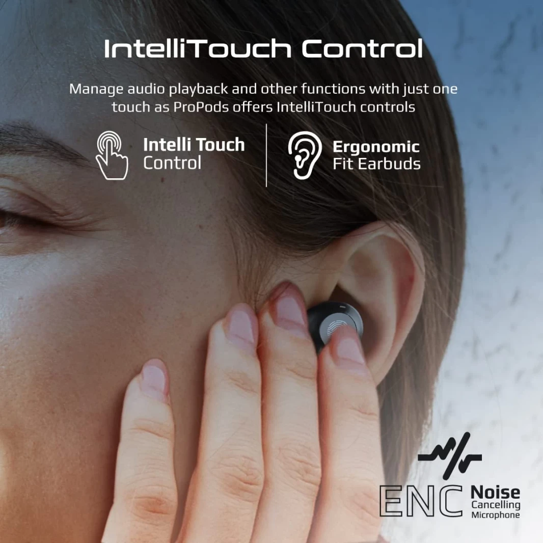 Promate Propods True Wireless In -Earn Active Noise إلغاء Bluetooth v5.3 W/ MIC 25H وقت التشغيل وشحن الحالة - الأسود
