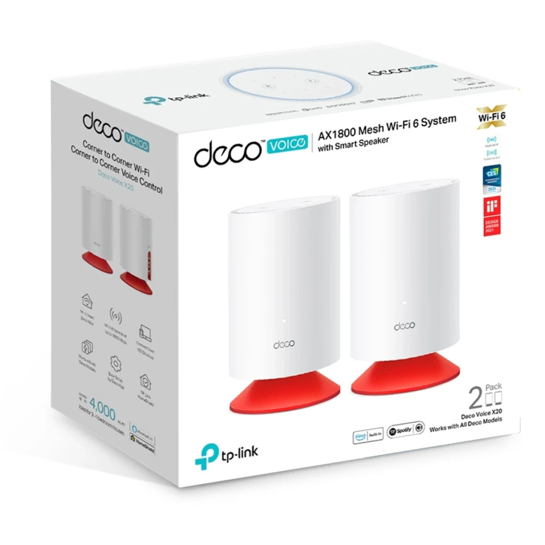 TP-Link Deco Voice X20 AX1800 Mesh Wi-Fi 6 Router, 2x Gigabit WAN/LAN Ethernet Ports, Alexa Built-in, Integrated Smart Speaker, 5GHz & 1201Mbps, Dual-Band, White (2Pack)
