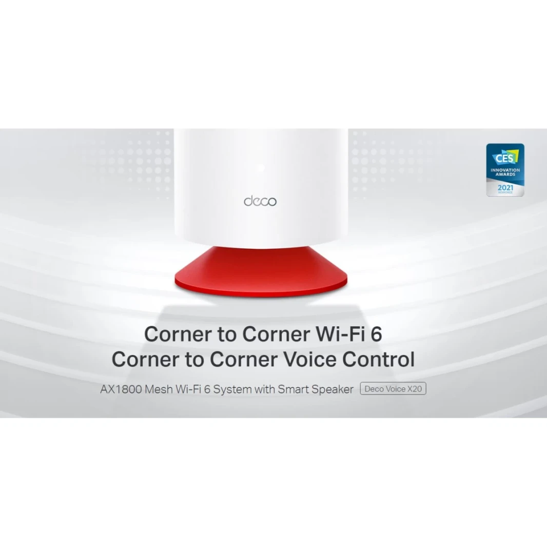 TP-Link Deco Voice X20 AX1800 Mesh Wi-Fi 6 Router, 2x Gigabit WAN/LAN Ethernet Ports, Alexa Built-in, Integrated Smart Speaker, 5GHz & 1201Mbps, Dual-Band, White (2Pack)
