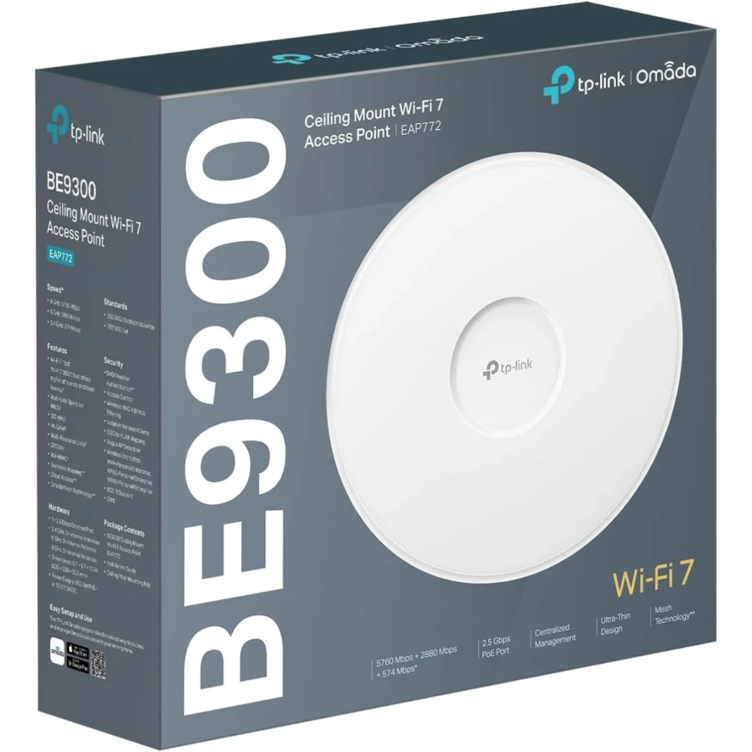TP-Link EAP772 Wi-Fi 7 Access Point ، Tri-Band Gigabit BE9300 Points Wireless Access ، ودعم POE السلبي ، والتحرك بسهولة إلى الجدار أو السقف ، وحدات التحكم السحابية الحرة ، و Omada Mesh & AI Roaming