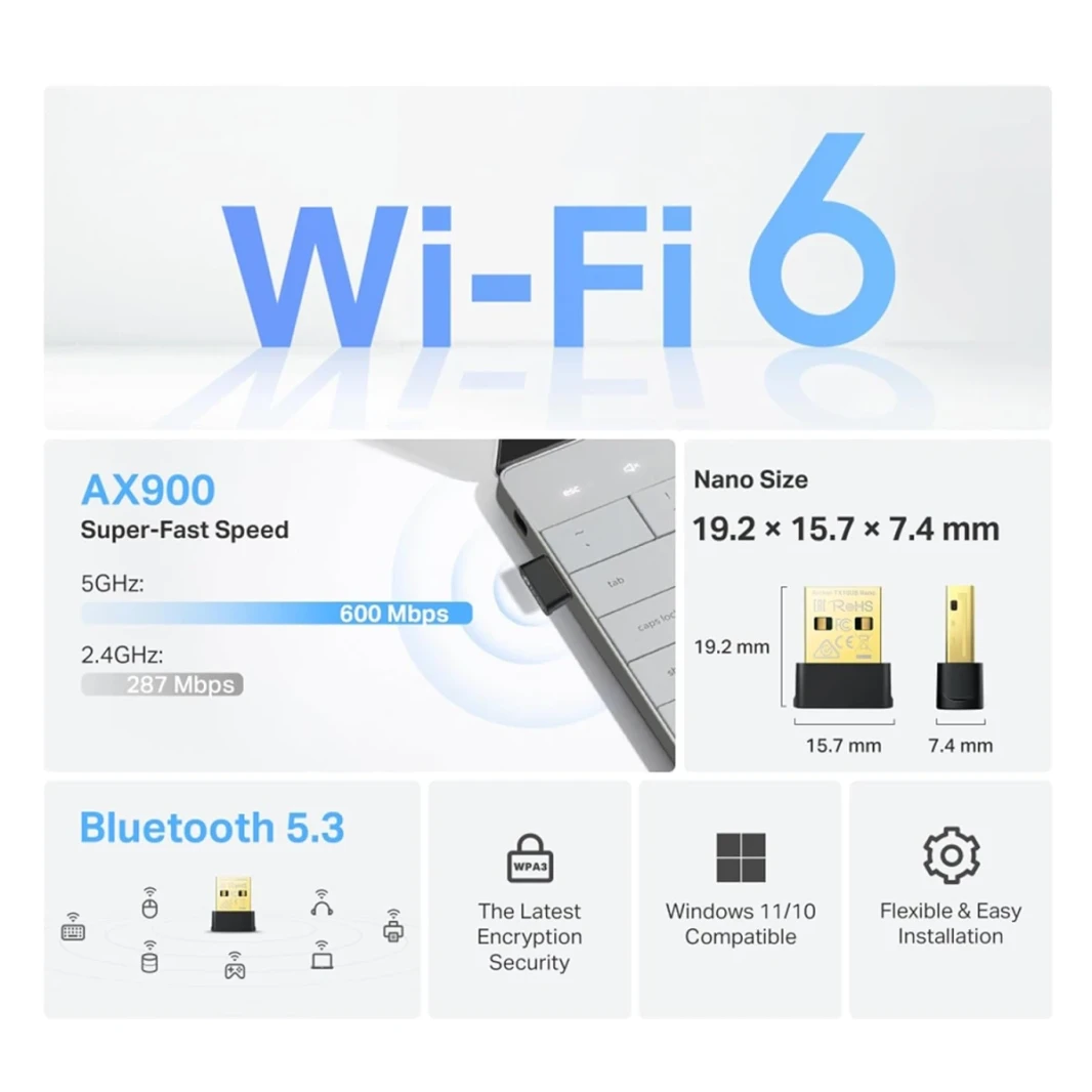 TP-Link Archer TX10UB Nano AX900 Wi-Fi 6 Bluetooth 5.3 USB Adapter ، 900 Mbps Dual Band USB 2.0 ، Omni Directional Attenna ، يدعم Windows 11/10
