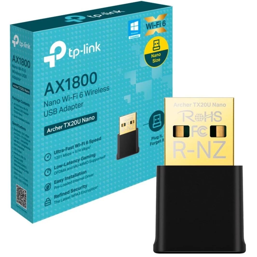 TP-Link Archer TX20U Nano AX1800 USB WiFi Adapter 2.4G/5G Dual-Band Ofdma ، Mu-Mimo ، WPA3 ، حجم السفر ، يدعم Windows 11/10