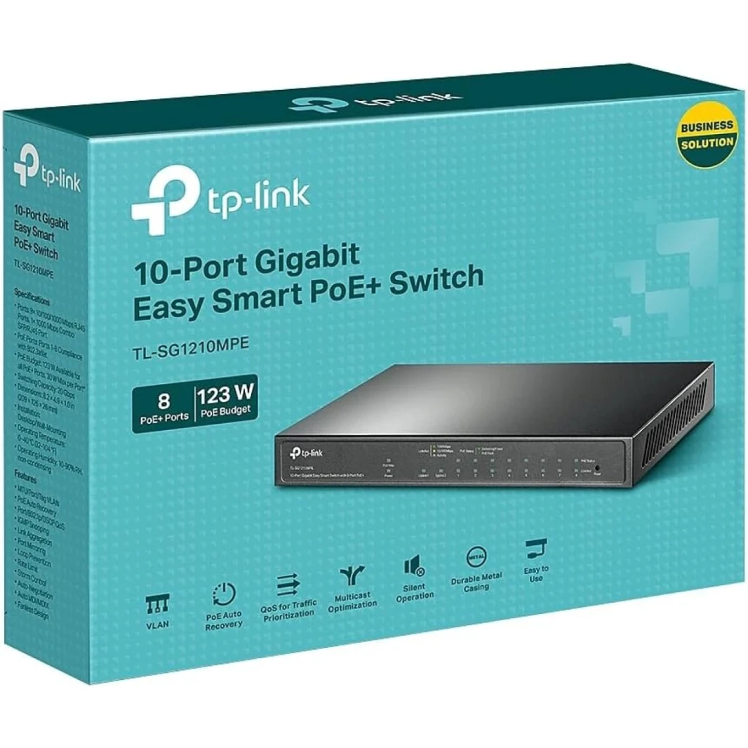 TP-LINK TL-SG1210MPE ، 8 PORT GIGABIT POE SWITCH ، سهلة المدارة الذكية ، 8 POE + PORTS @123W ، W/ 2 منافذ Gigabit الصاعدة + 1 SFP Slot ، QOS ، VLAN ، IGMP & LAG
