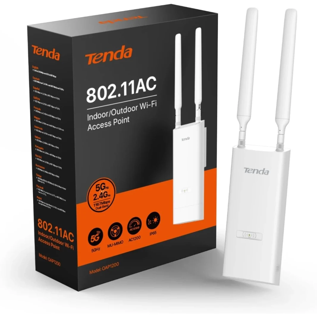 Tenda OAP1200 نقطة الوصول في الهواء الطلق ، AC1200 Dual Band Gigabit Wi -Fi Access Point 24V Poe ، IP65 ، مقاوم للماء ، منفذ جيجابت واحد - أبيض