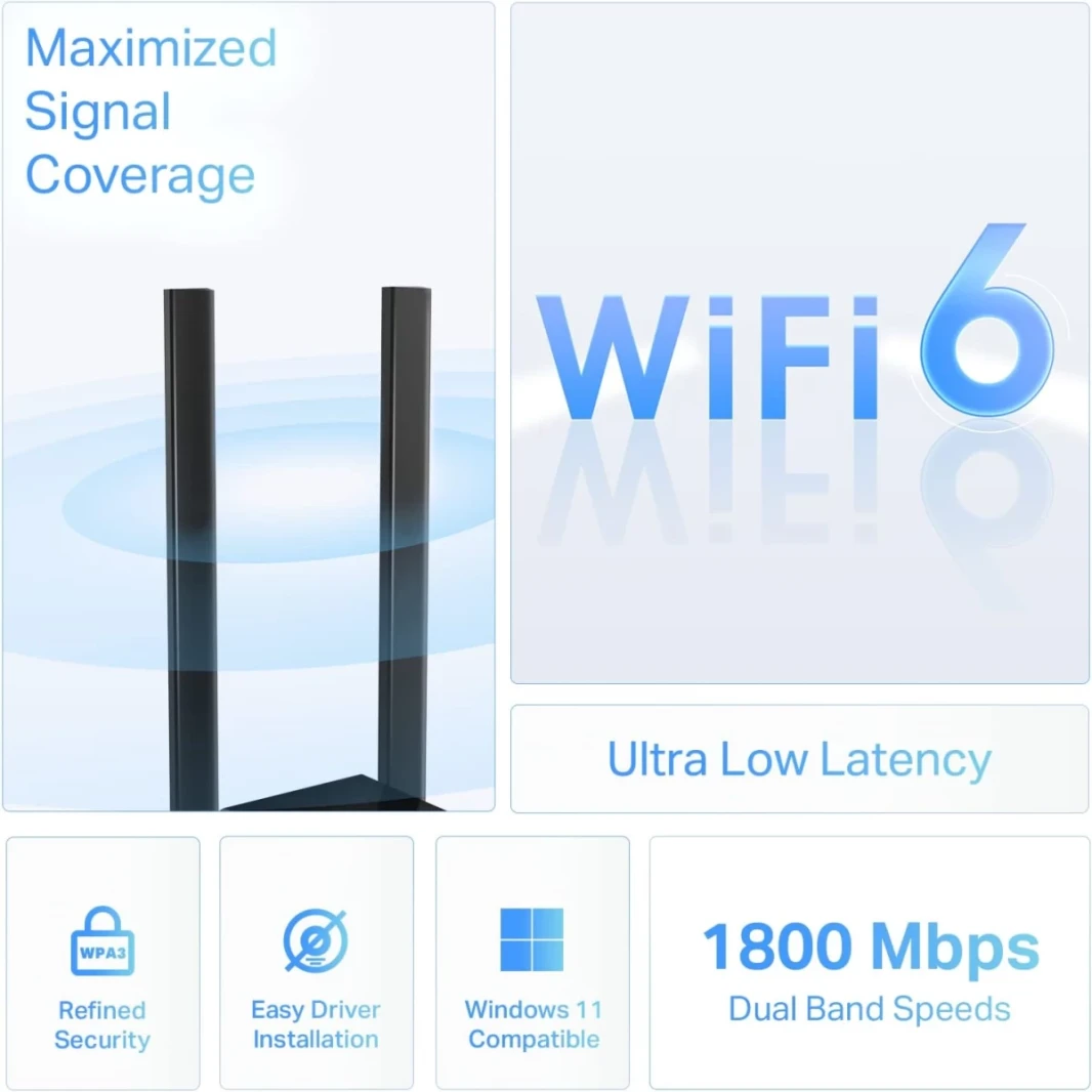 TP-Link Archer TX20U Plus AX1800 WIFI 6 USB Adapter 2.4GHz و 5GHZ HIGH DUAL BAND 5DBI ANTENNA WPA3 لنظام التشغيل Windows 11 و 10