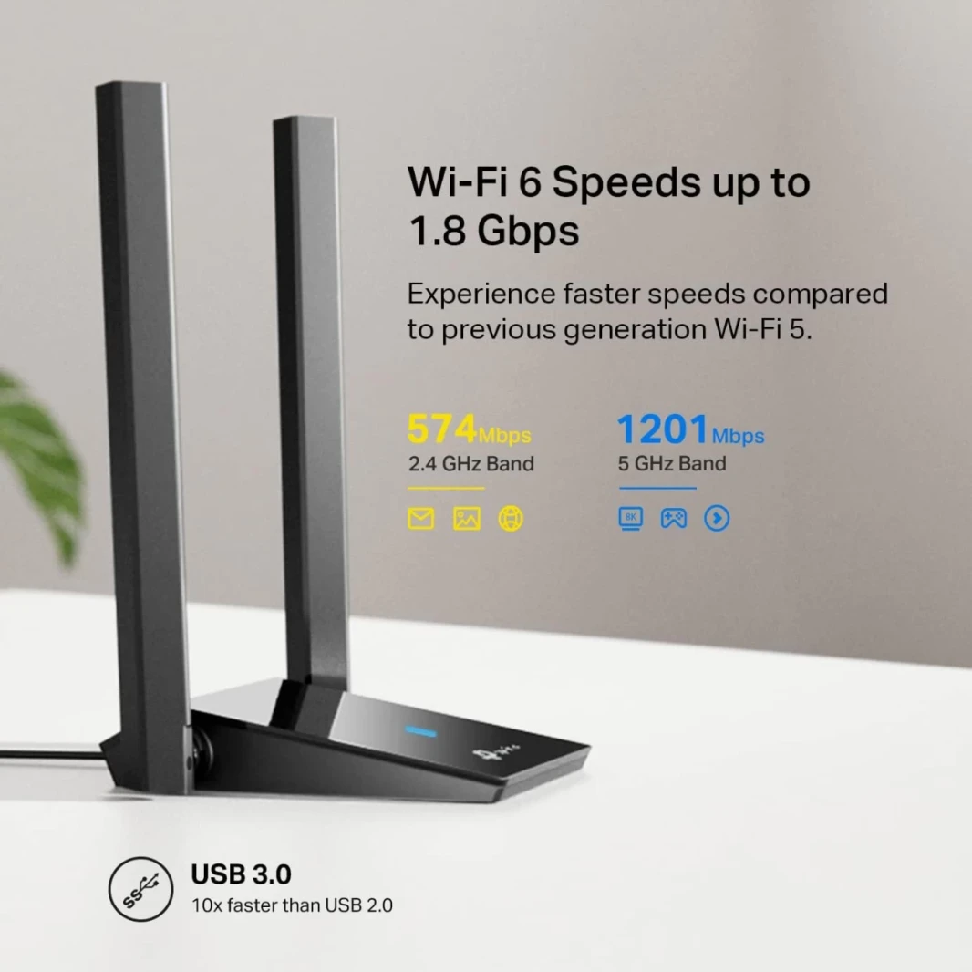 TP-Link Archer TX20U Plus AX1800 WIFI 6 USB Adapter 2.4GHz و 5GHZ HIGH DUAL BAND 5DBI ANTENNA WPA3 لنظام التشغيل Windows 11 و 10