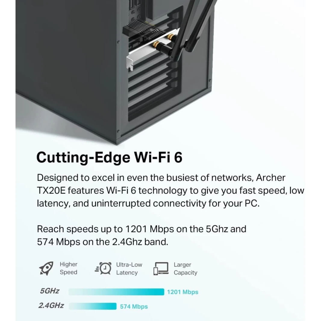 TP-Link Archer TX20E AX1800 WIFI 6 PCIE & Bluetooth 5.2 BAND DUAL BANDELAL ADAPTER MU-MIMO LOW LOW لـ Windows 11 و 10