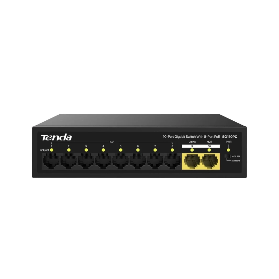 Tenda SG110PC 8-Port Gigabit PoE Switch with 2-Port Gigabit Uplink 802.3af Compliant 100W Built-in Power Unmanaged Metal Case