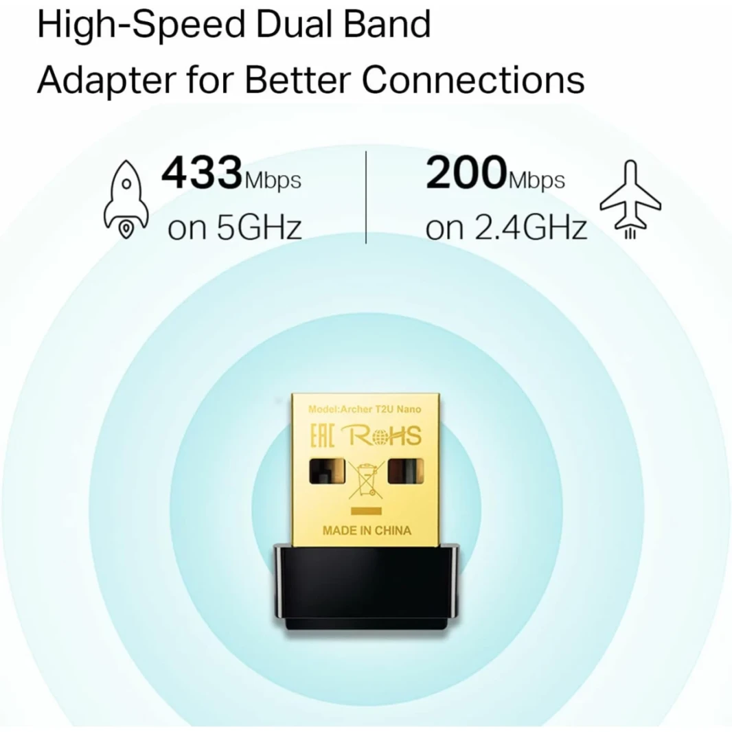 TP-Link Archer T2U Nano AC600 USB WiFi Adapter Dual Band 2.4G/5G Mini Size يدعم Windows (XP/7/8/8.1/10/11) Mac OS (10.7 ~ 10.14)