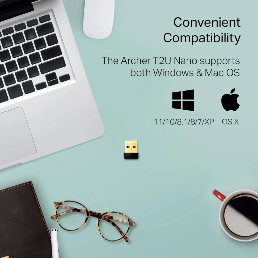 TP-Link Archer T2U Nano AC600 USB WiFi Adapter Dual Band 2.4G/5G Mini Size يدعم Windows (XP/7/8/8.1/10/11) Mac OS (10.7 ~ 10.14)