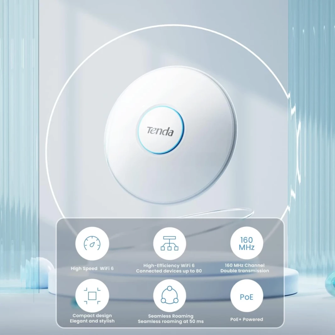 Tenda (i27) AX3000 Wi-Fi 6 Ceiling Access Point 1 x PoE Go LAN Port, WPA3 Security, Multiple SSID, up to 400㎡ WIFI Coverage, Central Management, 802.3at PoE+ Powered, with Power Supply - White