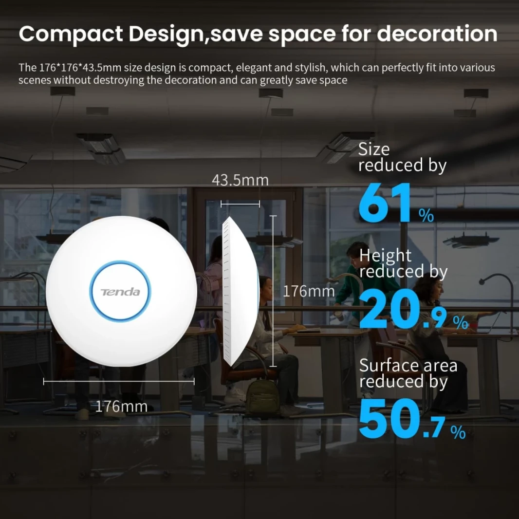 Tenda (i27) AX3000 Wi-Fi 6 Ceiling Access Point 1 x PoE Go LAN Port, WPA3 Security, Multiple SSID, up to 400㎡ WIFI Coverage, Central Management, 802.3at PoE+ Powered, with Power Supply - White
