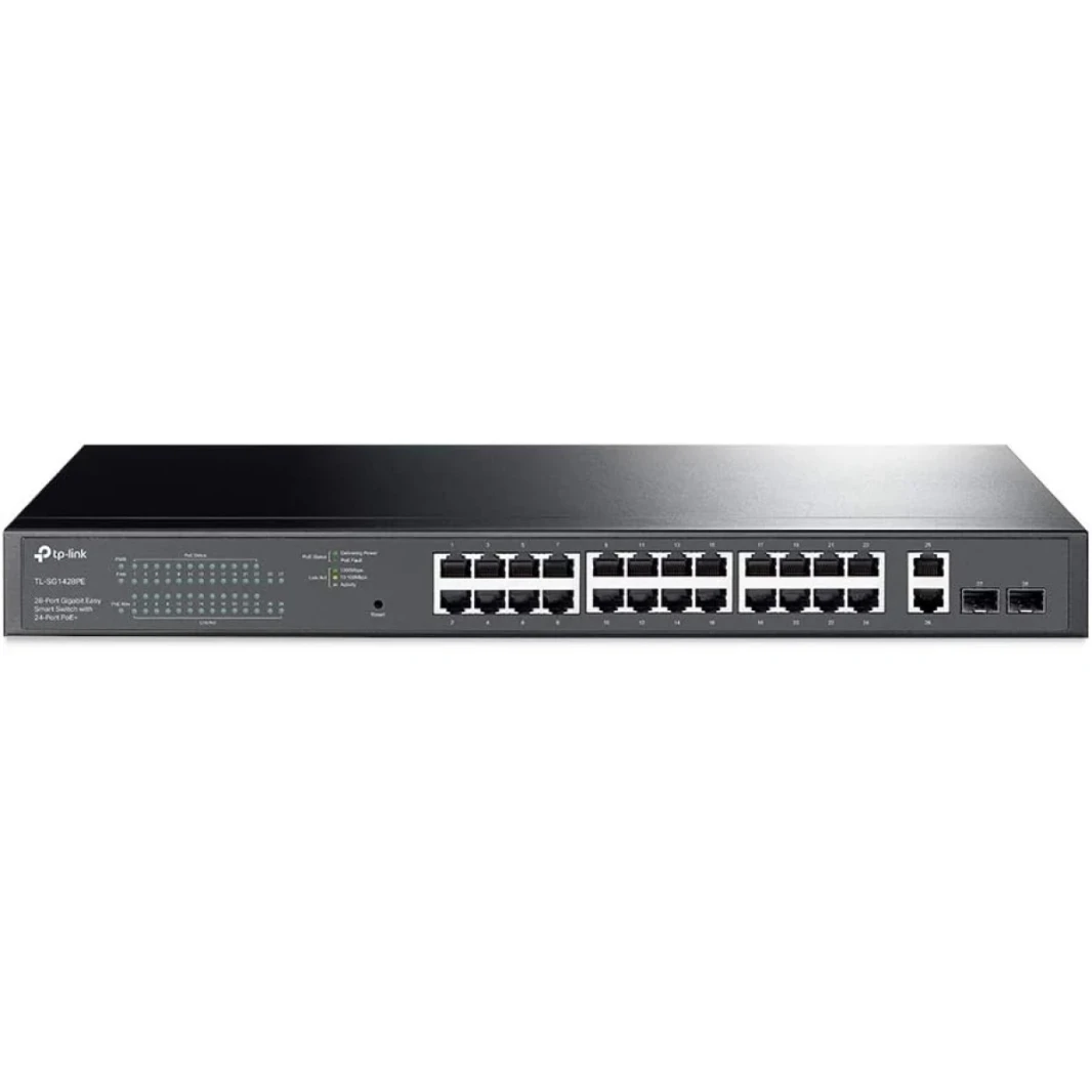 TP-LINK TL-SG1428PE 28-PORT GIGABIT EASY SMART POE SWITCE 24-PORT POE+ 2-SFP SLOTS 250W POE Auto Recovery VLAN لتغليف الأمن المعدني