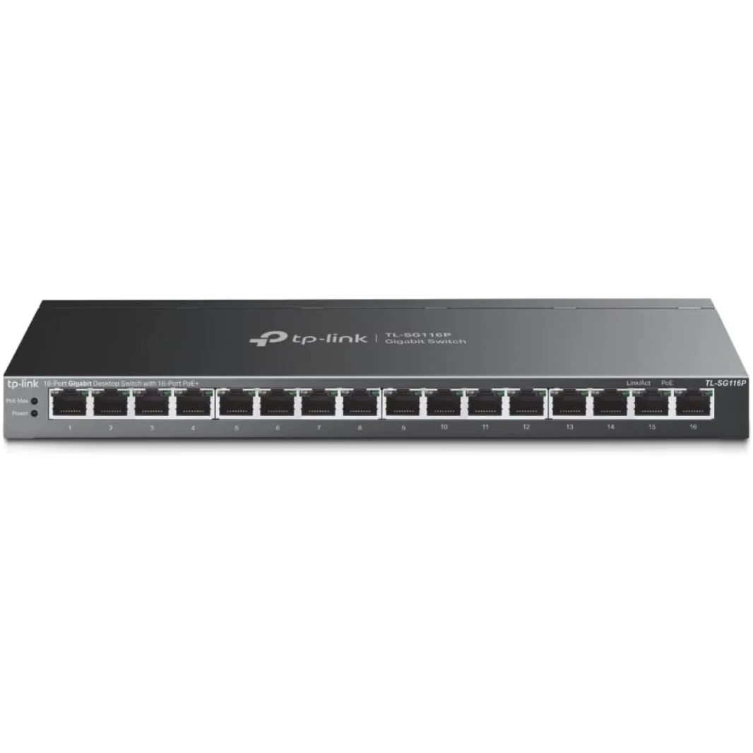 TP-Link TL-SG116P 16 PORT GIGABIT POE SWITCH 16 POE+ PORTS 120W الأولوية والعزل POE AUTO Recoveryless بدون مروحة
