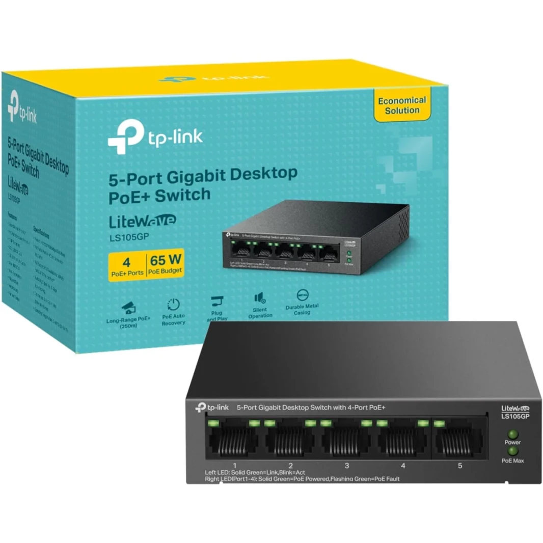 TP-LINK LS105GP 5-PORT GIGABIT SWITTOP مع 4-PORT POE+ يصل إلى 10 جيجابت في الثانية 65 واط POE سطح المكتب أو حالة تصميم الجدار المعدنية