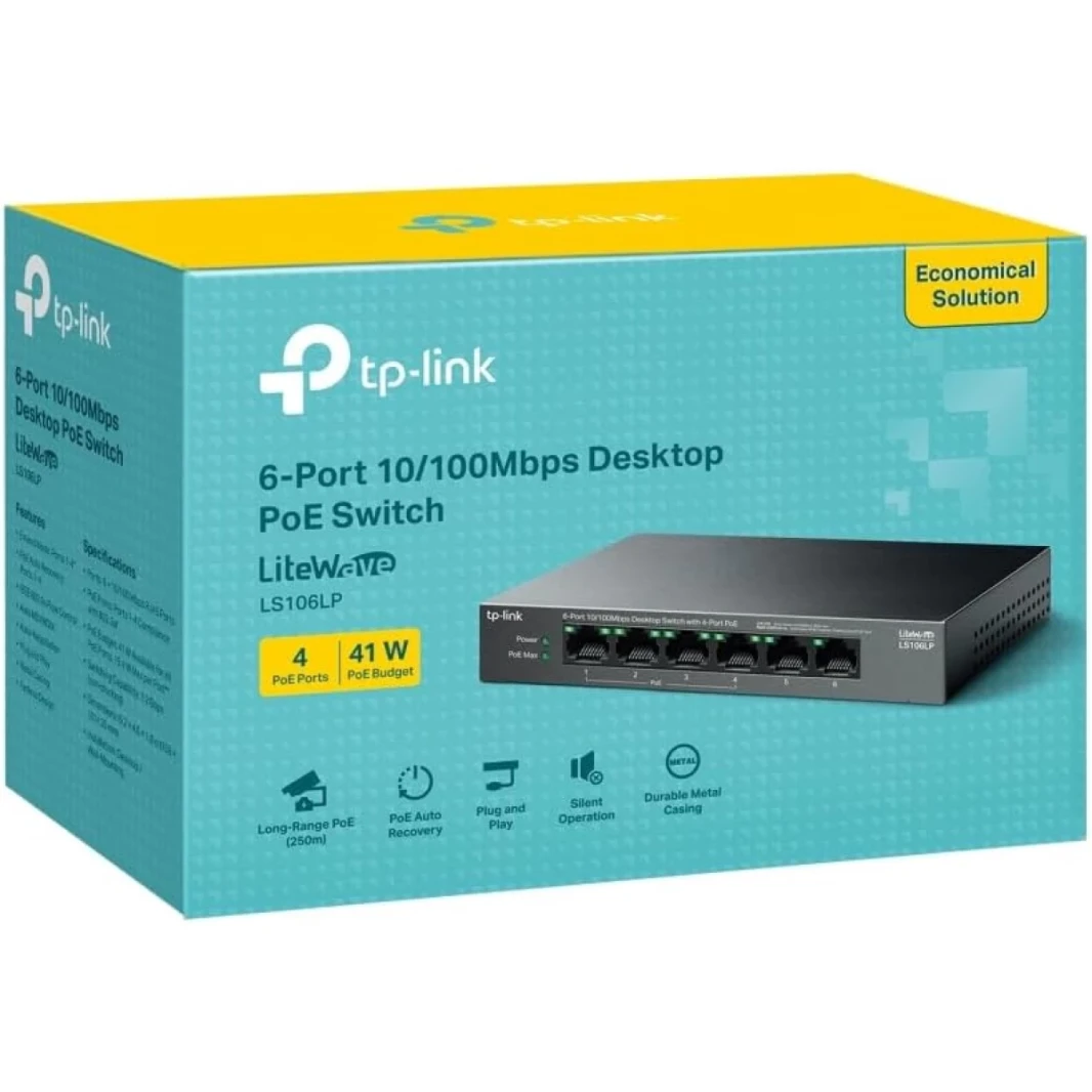 TP-Link LS106LP 6-PORT 10/100MBPS التبديل Ethernet مع 4-PORT POE 41 W POE POE Auto Recovery Casing