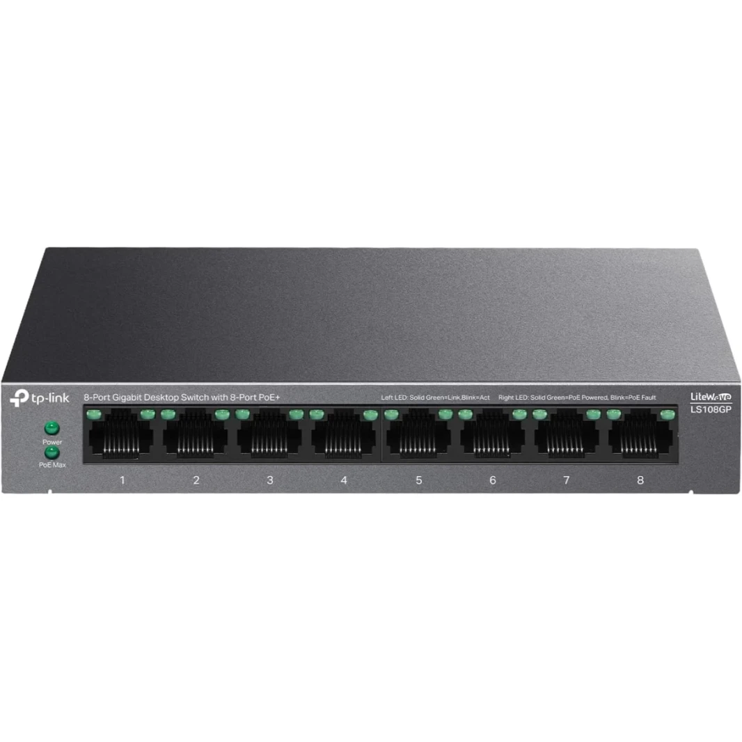 TP-Link LS108GP 8 PORT POE GIGABIT ETHERNET SWITCH 62W MODE MODE POE Auto Recover