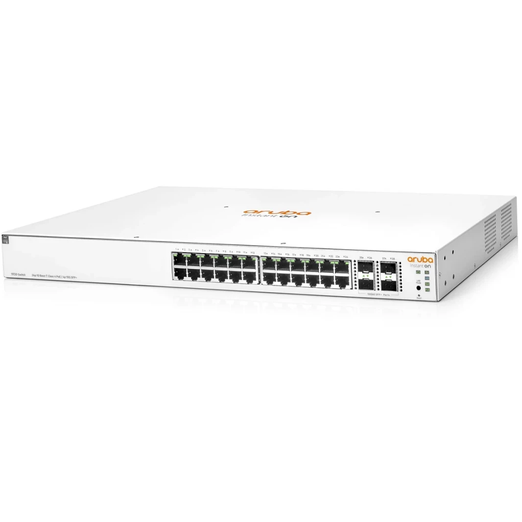 Aruba Instant في عام 1930 من 24 ميناء POE+ التبديل المدارة مع 4x SFP+ 128 جيجابايت/ثانية سعة التبديل 370W ميزانية الطاقة- أبيض