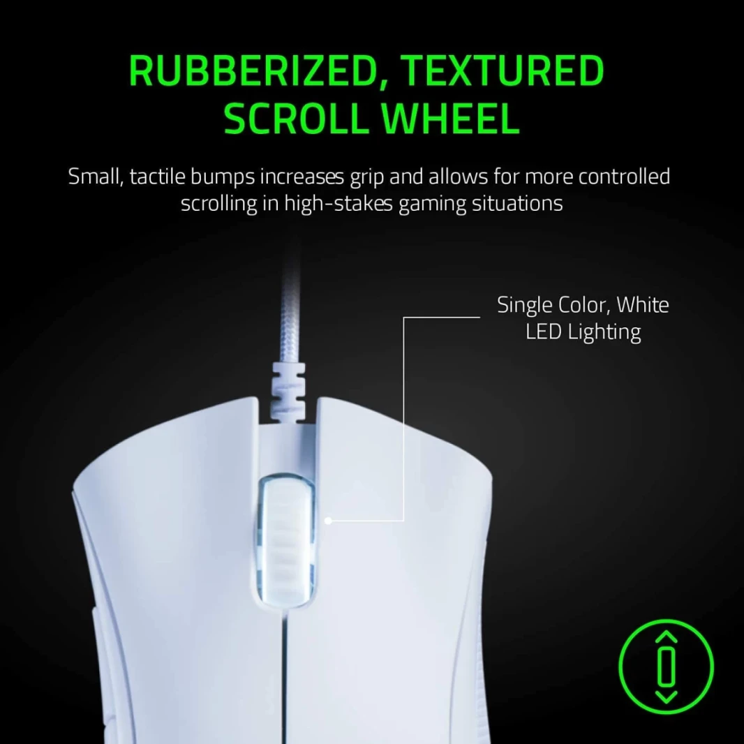 Razer Deathadder Masse Mouse 6400 DPI Sensor Optical - 5 أزرار قابلة للبرمجة - مفاتيح ميكانيكية - مقبضات الجانب المطاط - طبعة بيضاء
