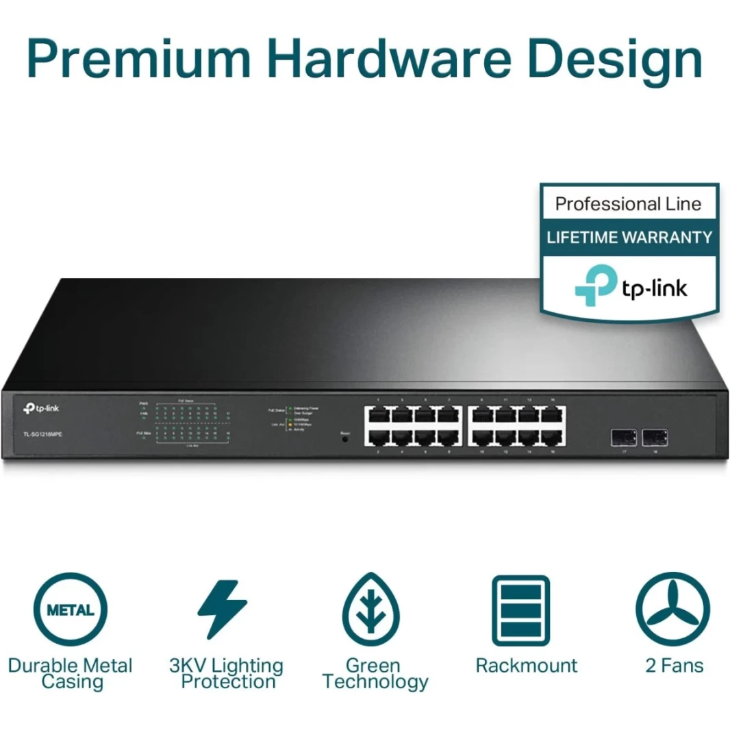 TP-Link TL-SG1218MPE 16 Port Gigabit PoE Switch Smart Managed 250W 2 non-PoE Ports 2 Combo SFP slots QoS Vlan IGMP & LAG