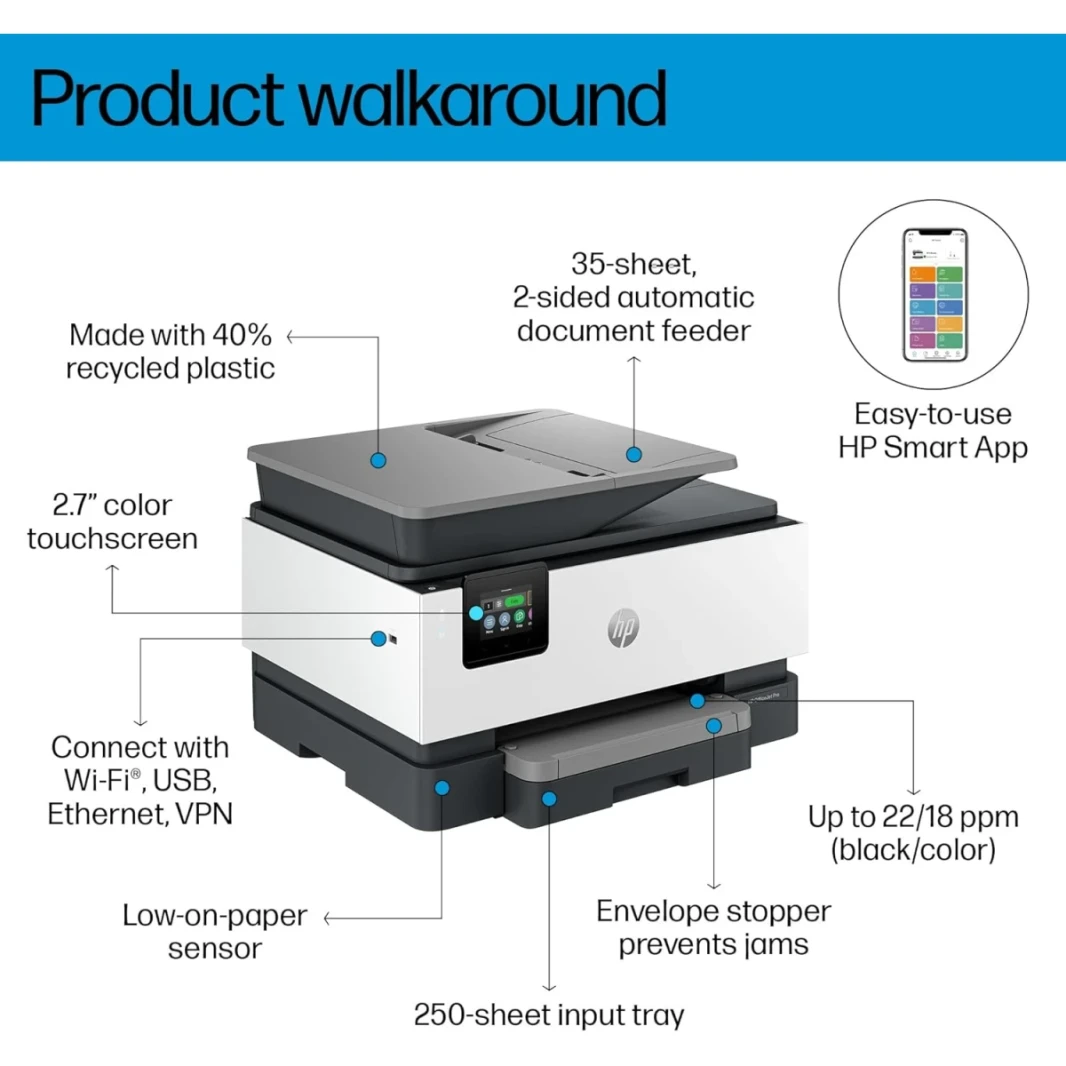 HP OfficeJet Pro 9123 All-in-واحد طابعة ملونة A4 مع أعمال الطباعة اللاسلكية و ADF ، Duplex