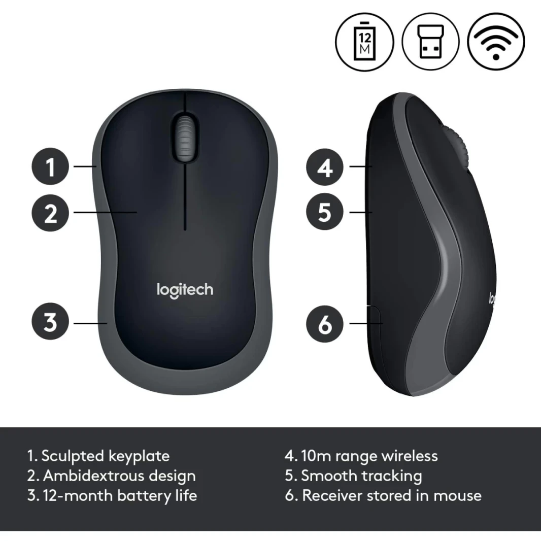 Logitech M185 Wireless Mouse Ambidextrous USB PC / Mac  - Grey