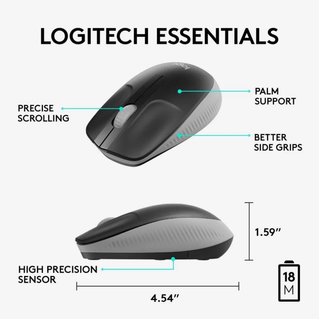 Logitech Wireless Mouse M190 بالحجم الكامل تصميم منحنى ambidextros