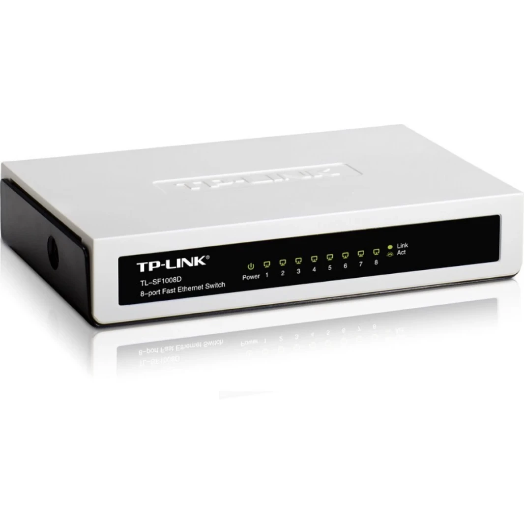 TP -Link 8 Port 10/100Mbps سطح المكتب Ethernet Flitter Clop وتشغيل هادئ بدون مروحة - أبيض