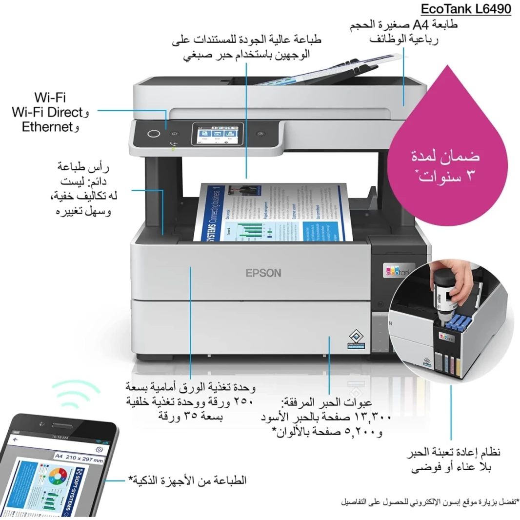 Epson Ecotank L6490 Color All-in-One Multi-Function Machine (Copy/Print/Scan)-Black