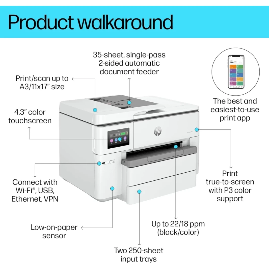 HP OfficeJet Pro 9730 All-in-واحد طابعة ملونة A3 مع أعمال الطباعة اللاسلكية و ADF ، Duplex