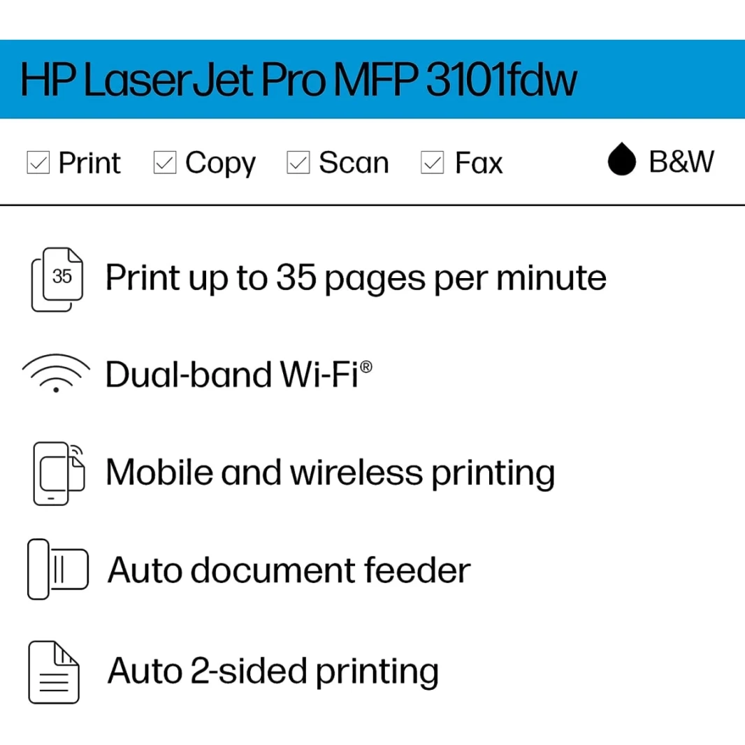 HP LaserJet Pro MFP 3103FDW Mono Laser Multifunction 4-in-One Frinters ، Duplex & Auto Feeder-White