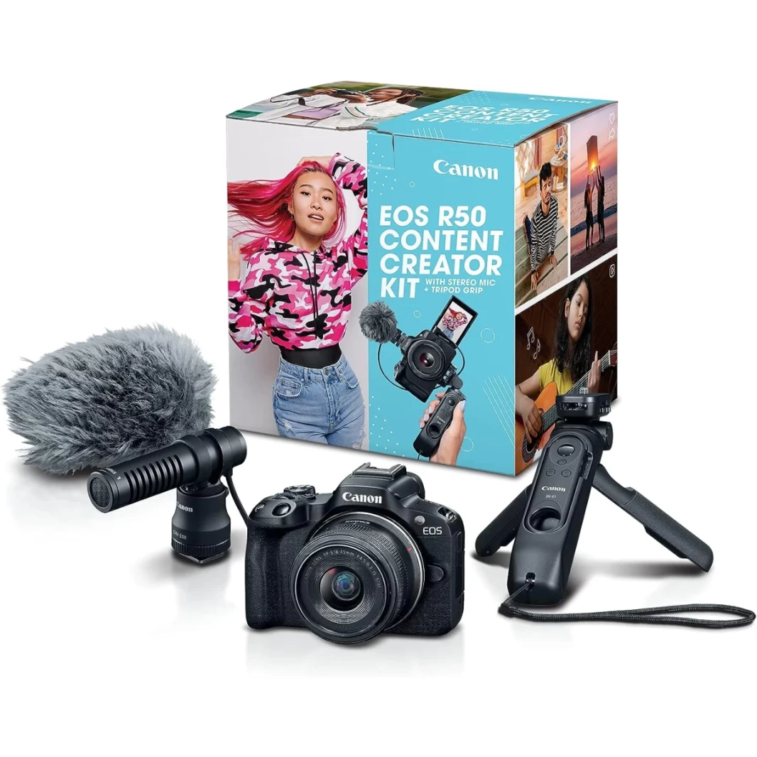 Canon EOS R50 Content Creator Kit Kit Mirrorless Vlogging Camera 24.2 MP 4K Video RF-S18-45MM F4.5-6.3 هو Microphone Stero Lens STM