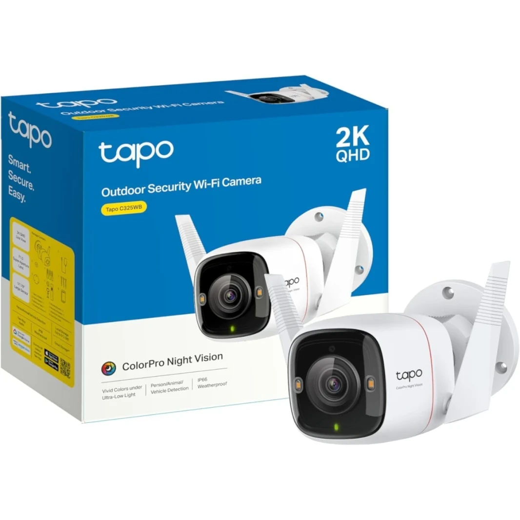TP-LINK TAPO COLORPRO C325WB 2K QHD Camera Camera Outdoor Wireless Flight Clarity in Night Person/PET/CLESTION CLOUP/SD Storage ، LOCAL/CLOOD Storage | 127 ° FOV | صفارات الإنذار المدمجة
