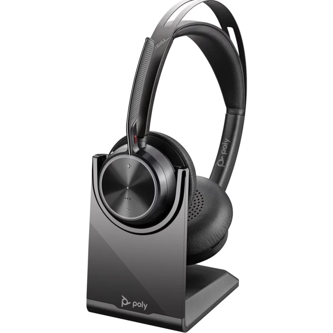Poly Voyager Focus 2 Microsoft Teams Certified USB C & Bluetooth Active Noise Canceling For PC/Mac/Mobile Headset w/ charging stand & USB-C/A Adapter