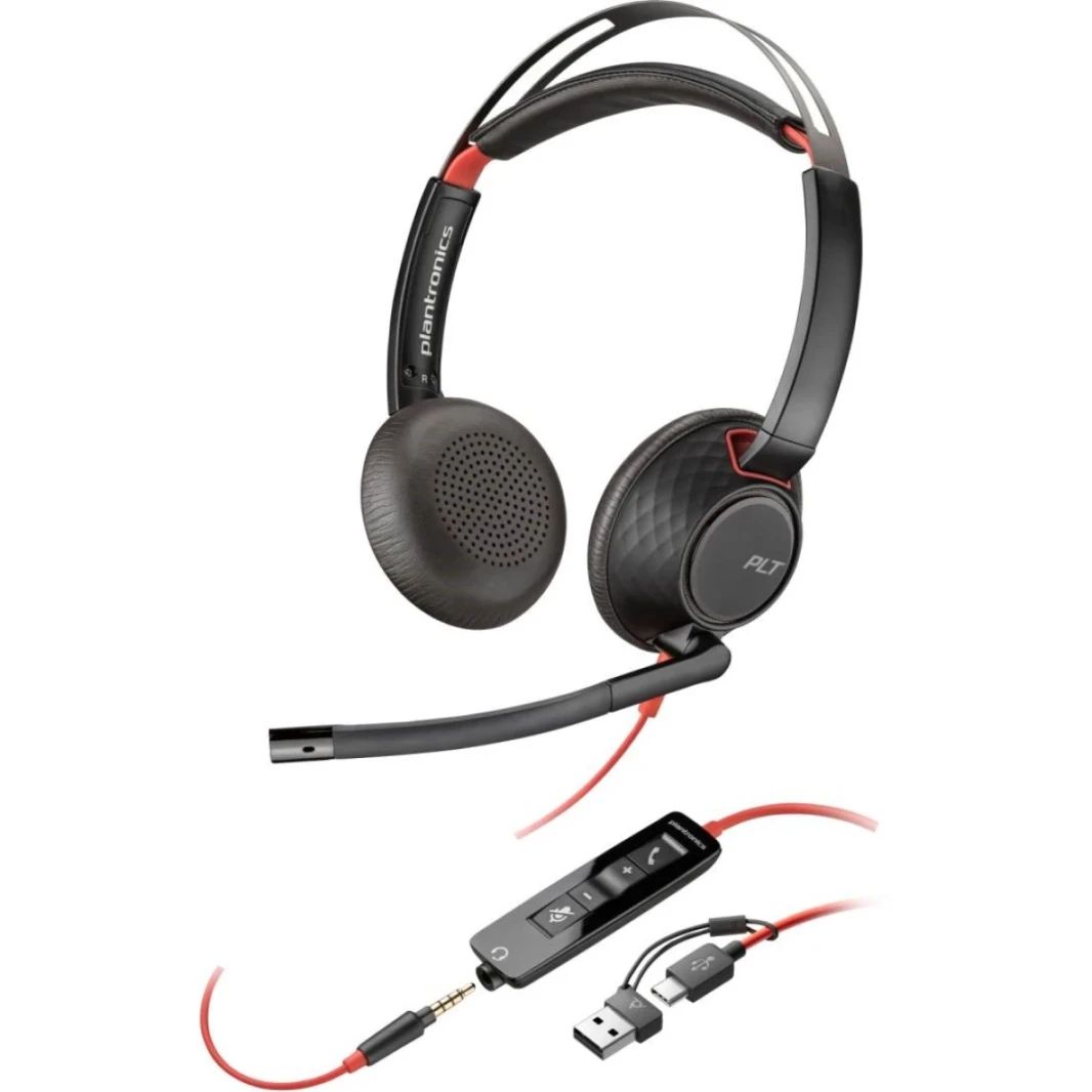 Poly Blackwire 5220 سماعة استريو 32 مم حجم السائق حجم ميكروفون متعدد الاتجاهات ، قابس 3.5 مم + اتصال محول USB-C و USB-A ، الأسود