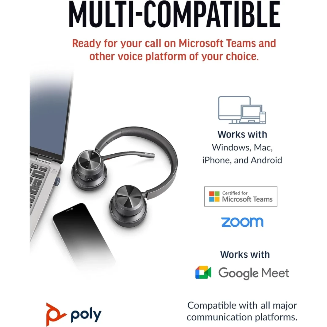 Poly Voyager 4320 USB-A Wireless Headset إلغاء الضوضاء السلبية حتى 24 ساعة وقت التحدث (فرق معتمدة) للكمبيوتر/Mac/Mobile W/BT700 محول وشحن