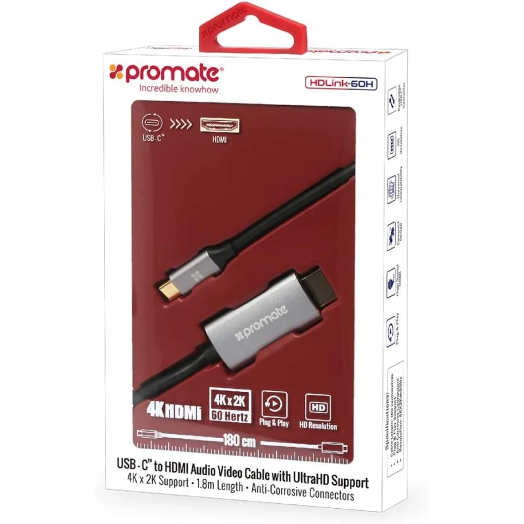 PROMATE HDLINK-60H USB-C إلى HDMI Cable Premium USB Type-C إلى 4K 60Hz HDMI Adapter (Thunderbolt 3 متوافق) مع دعم UHD 1.8M كابل-رمادي