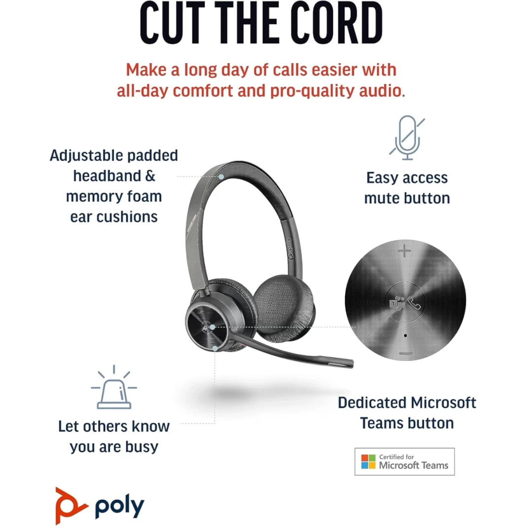 Poly Voyager 4320 USB-A Wireless Headset إلغاء الضوضاء السلبية حتى 24 ساعة وقت التحدث (فرق معتمدة) للكمبيوتر/Mac/Mobile W/BT700 محول وشحن