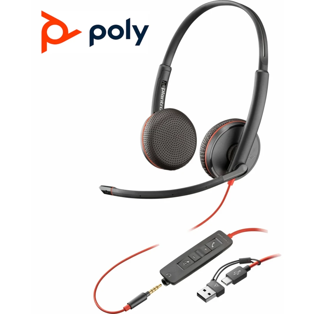 Poly Blackwire 3325 Wired Dual-Oar Boom Mic USB C & USB-A & 3.5 مم من الإلغاء الضوضاء لأعمال الكمبيوتر والهاتف المحمول مع فرق (معتمدة)