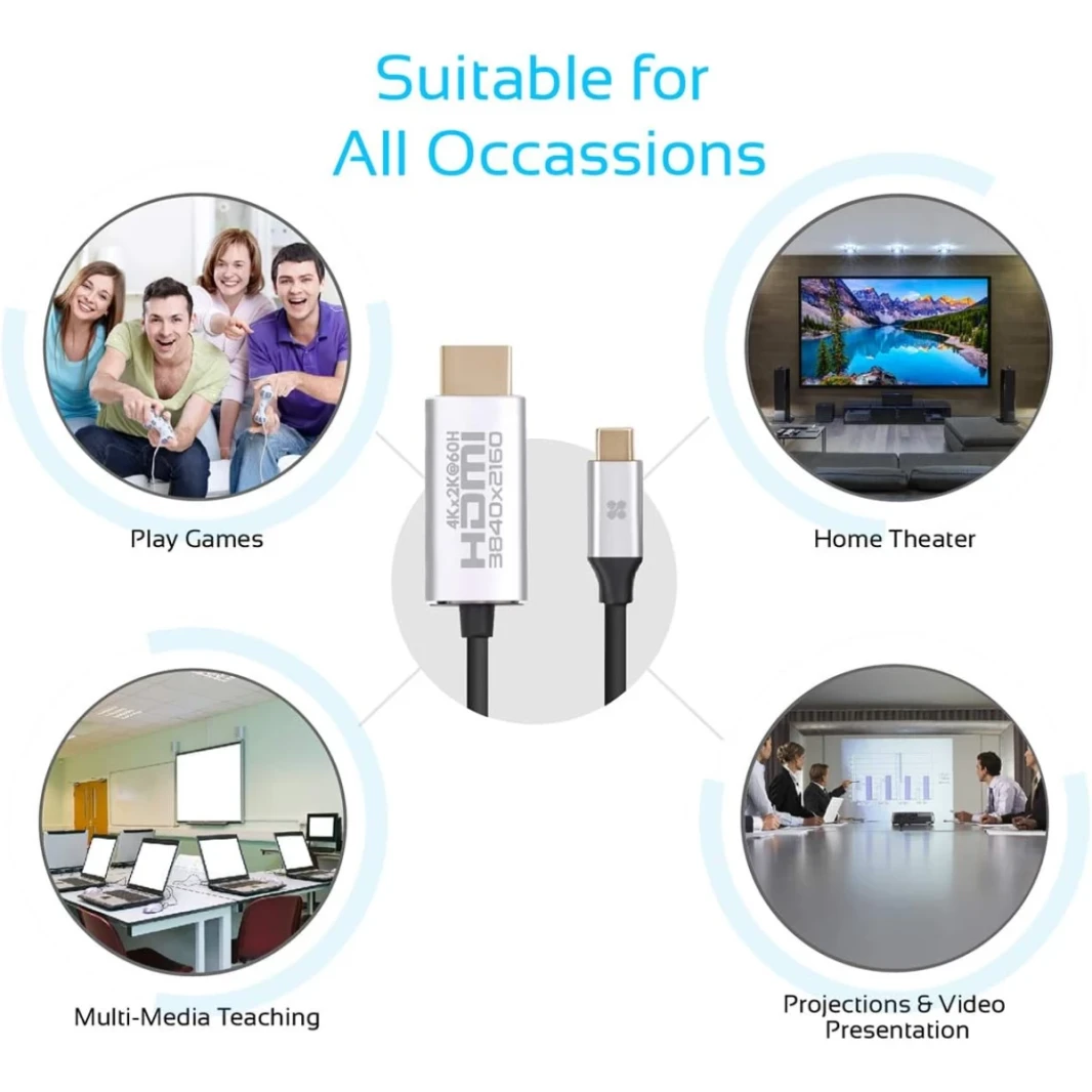 PROMATE HDLINK-60H USB-C إلى HDMI Cable Premium USB Type-C إلى 4K 60Hz HDMI Adapter (Thunderbolt 3 متوافق) مع دعم UHD 1.8M كابل-رمادي