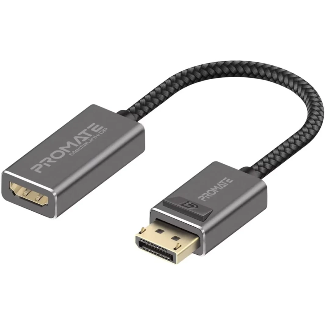 Promate MediaLink-DP DisplayPort to HDMI Adapter with Gold Platted Connectors Nylon Cable Uni-Directional Display