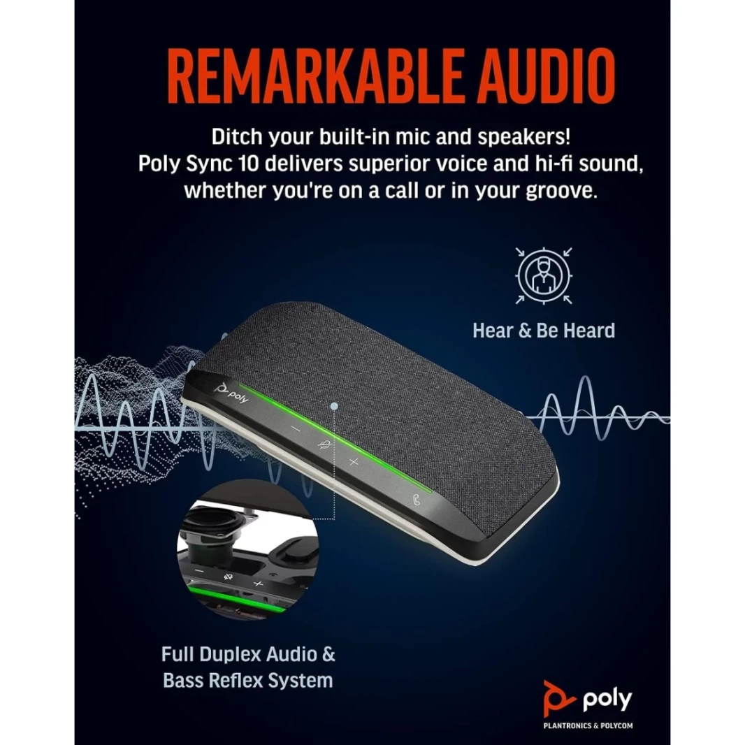 Poly Sync 10 USB Speakerphone مكبرات صوت محمولة ثنائية في واحد لمكالمات الصوت والفيديو والموسيقى USB تعمل على العمل المزدوج مع الفرق ، Zoom ، Google