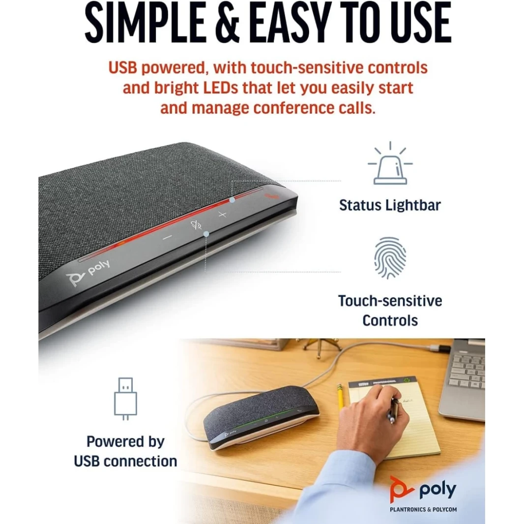 Poly Sync 10 USB Speakerphone مكبرات صوت محمولة ثنائية في واحد لمكالمات الصوت والفيديو والموسيقى USB تعمل على العمل المزدوج مع الفرق ، Zoom ، Google