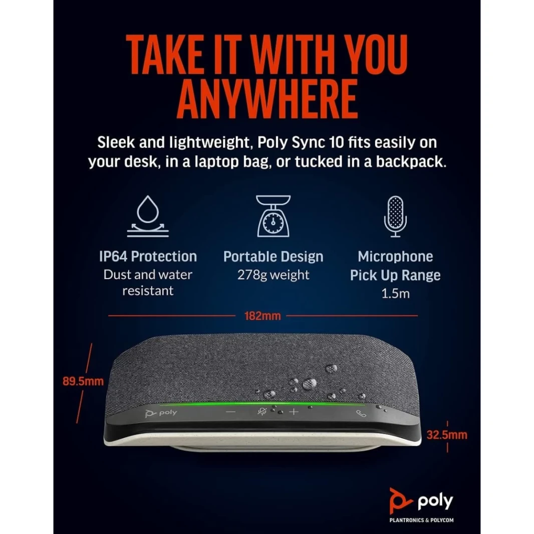 Poly Sync 10 USB Speakerphone مكبرات صوت محمولة ثنائية في واحد لمكالمات الصوت والفيديو والموسيقى USB تعمل على العمل المزدوج مع الفرق ، Zoom ، Google