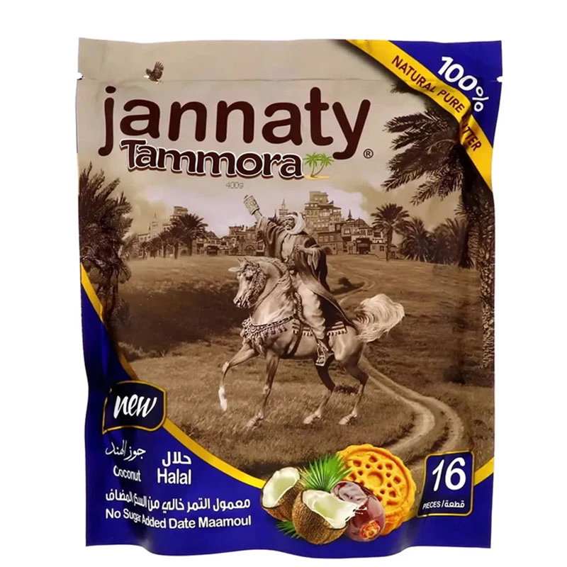 Jannaty Tammora تمر بجوز الهند بدون سكر – كيس × 16 قطعة × 400 جم