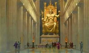 Old Greece: Zeus statue in the temple in Olympia - sculptures for ivyas, c. 440/30 BC, one of the seven wonders of the world