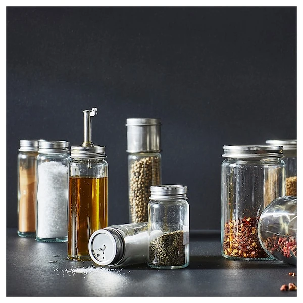 Oil/vinegar bottle, clear glass/stainless steel,
