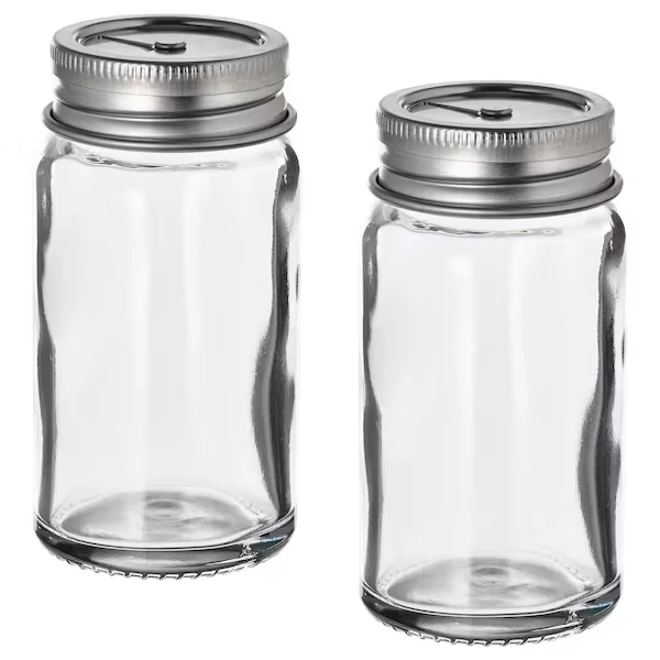 Salt and pepper shakers, clear glass/stainless steel,